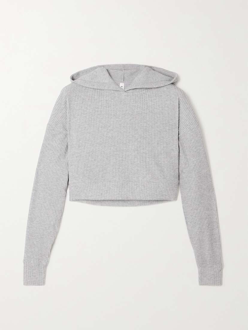 Alo Yoga Muse Cropped Ribbed Brushed-jersey Hoodie