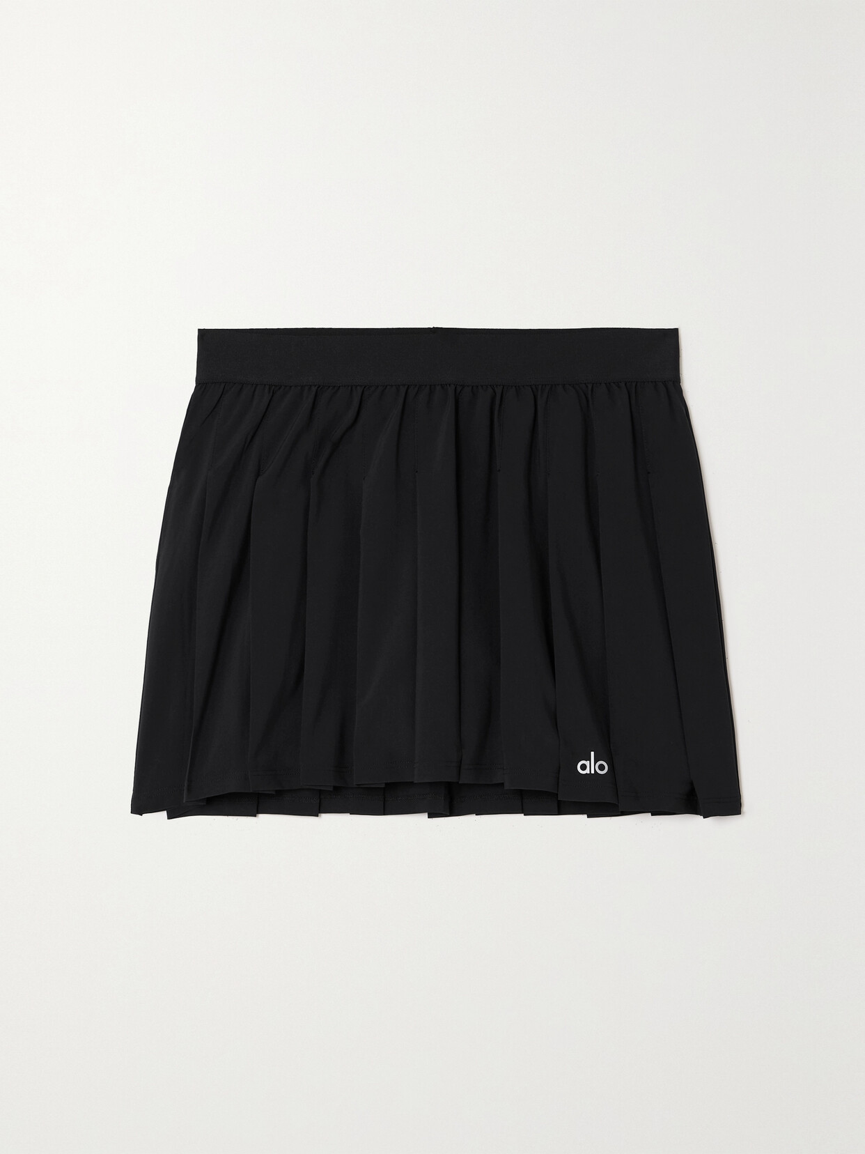 Shop Alo Yoga Varsity Pleated Stretch-jersey Mini Skirt In Black