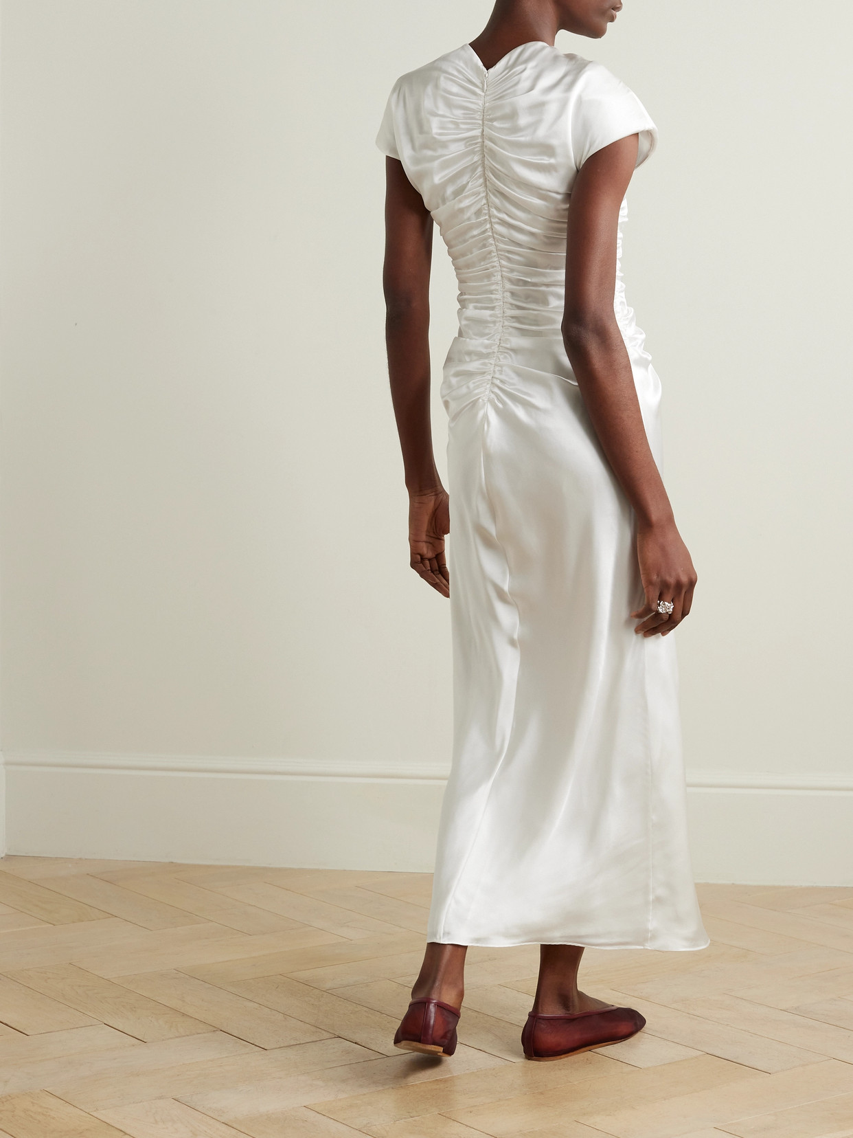 Shop Tove Aubree Ruched Silk-satin Maxi Dress In White