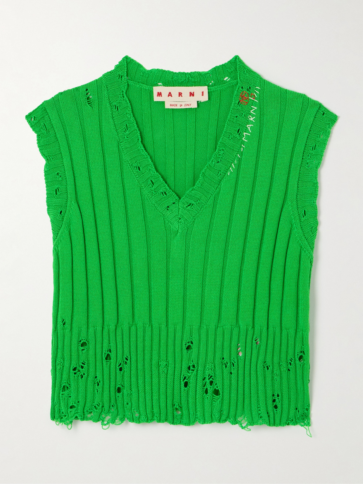 Shop Marni Distressed Embroidered Ribbed-knit Cotton Vest In Green