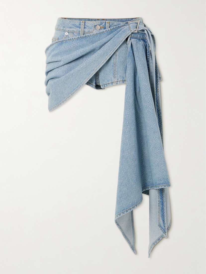 Mugler Draped Crystal-embellished Organic Denim Shorts