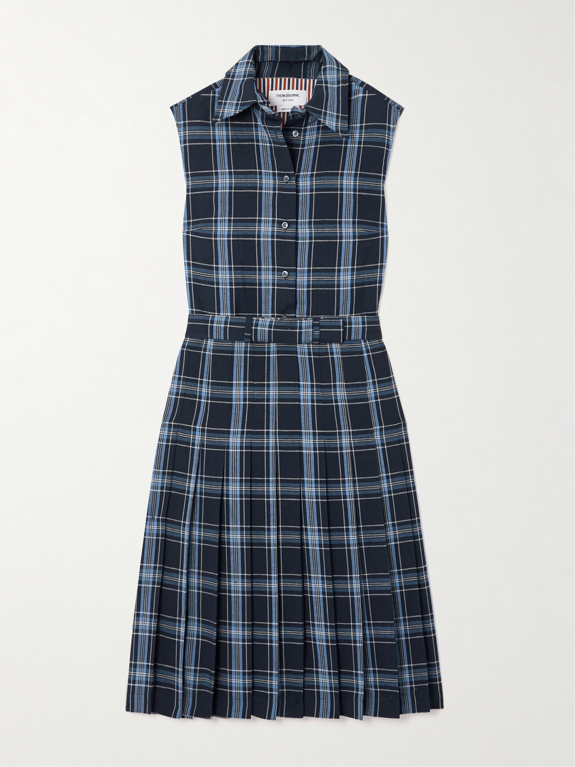 Thom Browne Belted checked wool and linen-blend midi dress thumbnail