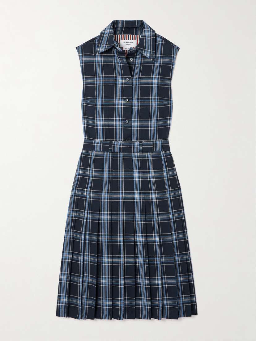 Thom Browne Belted Checked Wool And Linen-blend Midi Dress