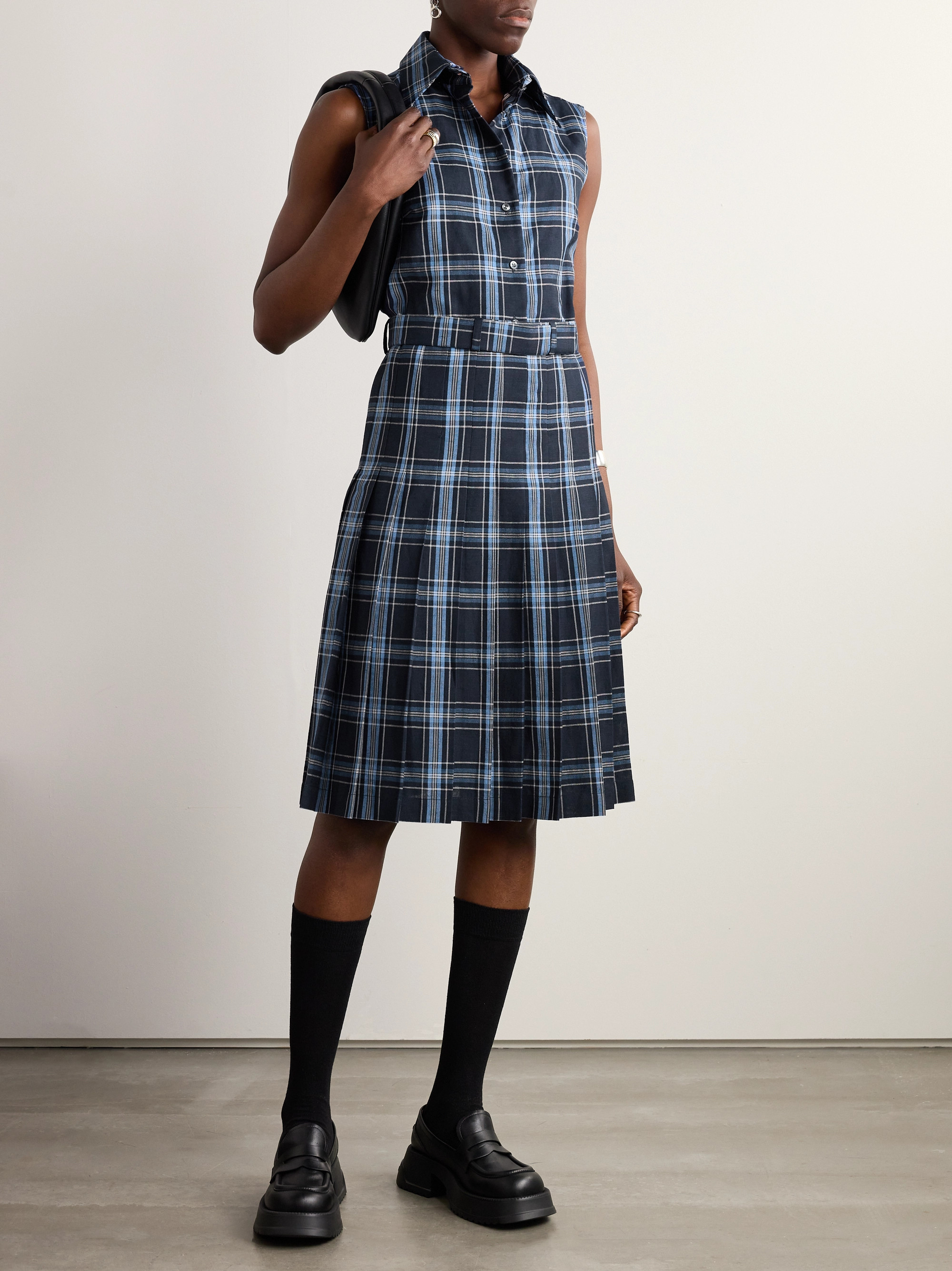 Thom Browne Belted checked wool and linen-blend midi dress