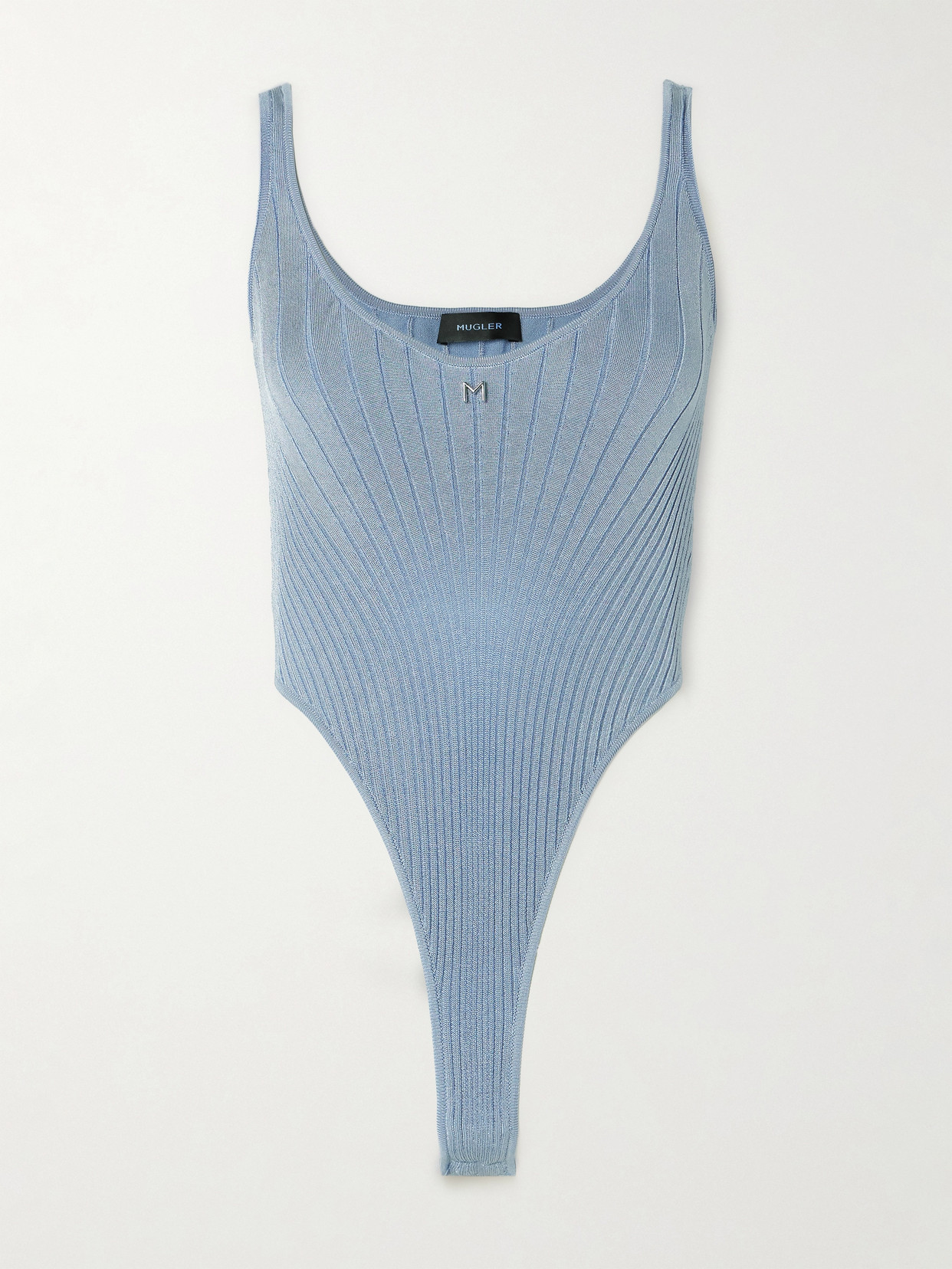 Mugler Embellished Ribbed Stretch-knit Bodysuit In Blue