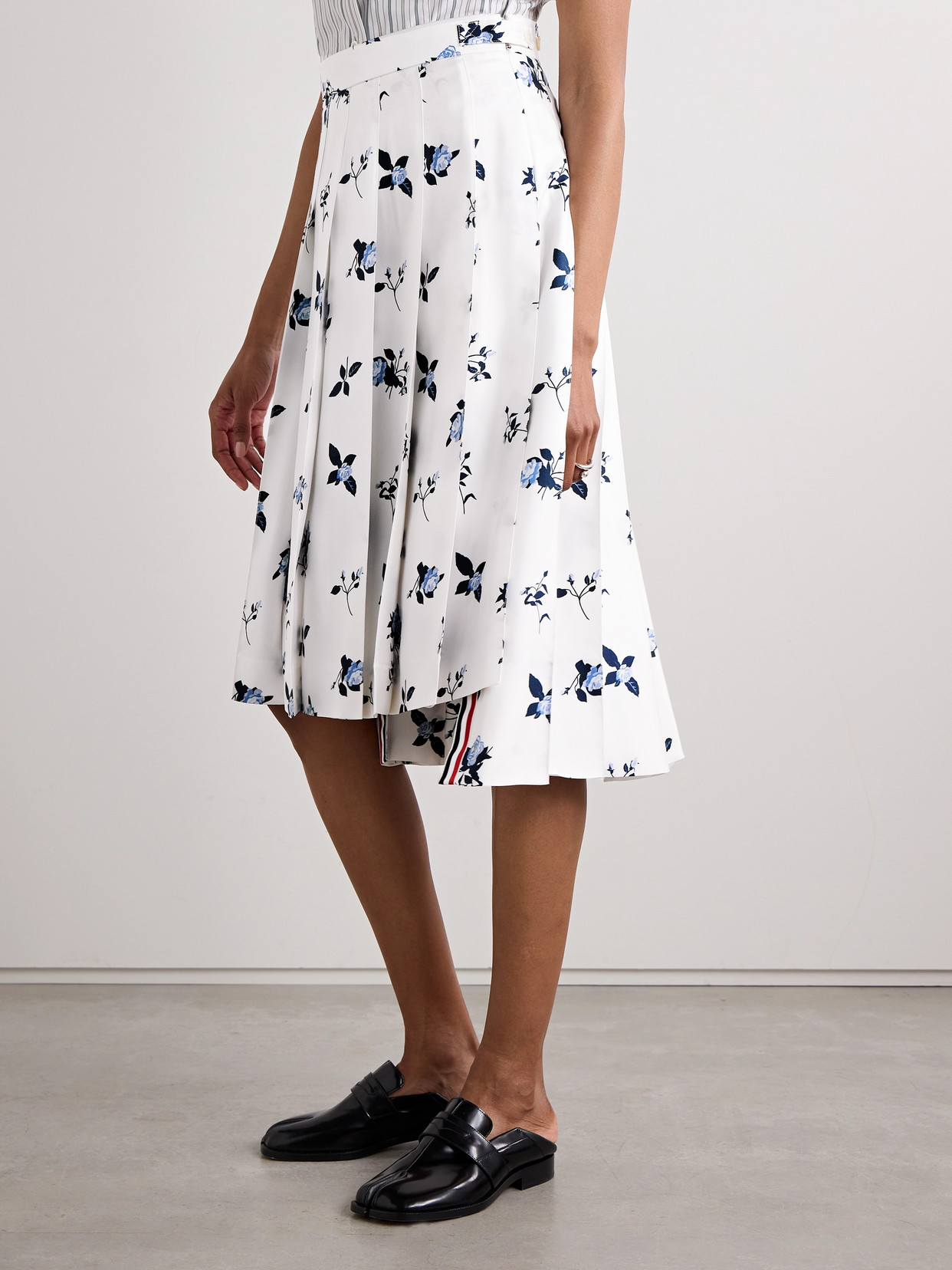 Thom Browne Asymmetric Pleated Floral-print Silk-twill Midi Skirt In White