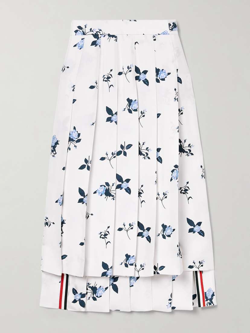 Thom Browne Asymmetric Pleated Floral-print Silk-twill Midi Skirt