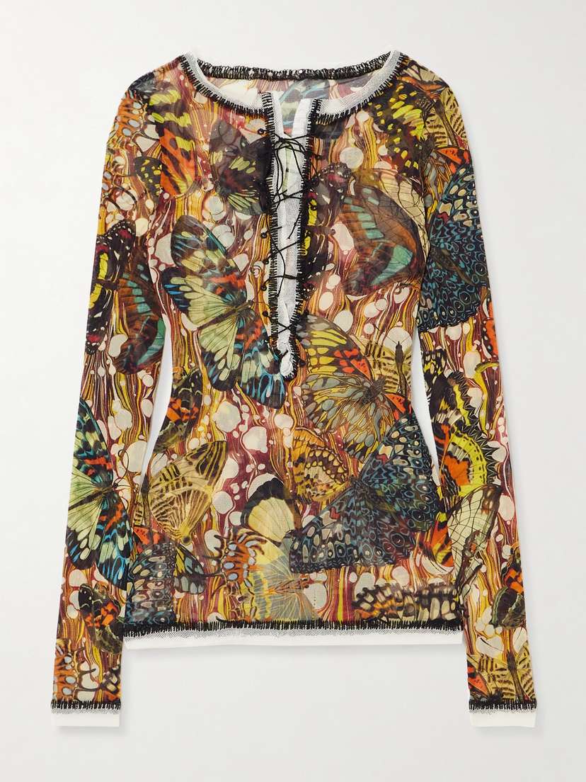 Jean Paul Gaultier Lace-up Printed Mesh Top