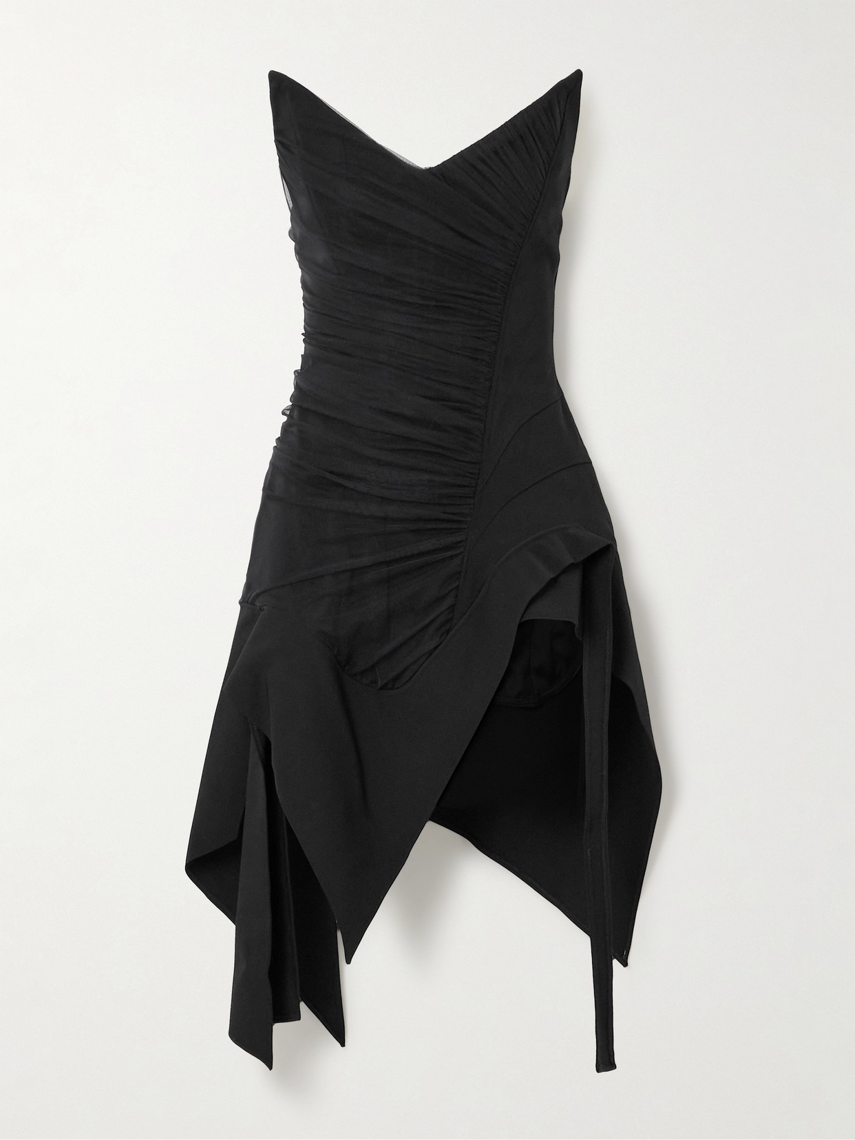 Shop Mugler Strapless Asymmetric Ruched Tulle-paneled Crepe Dress In Black