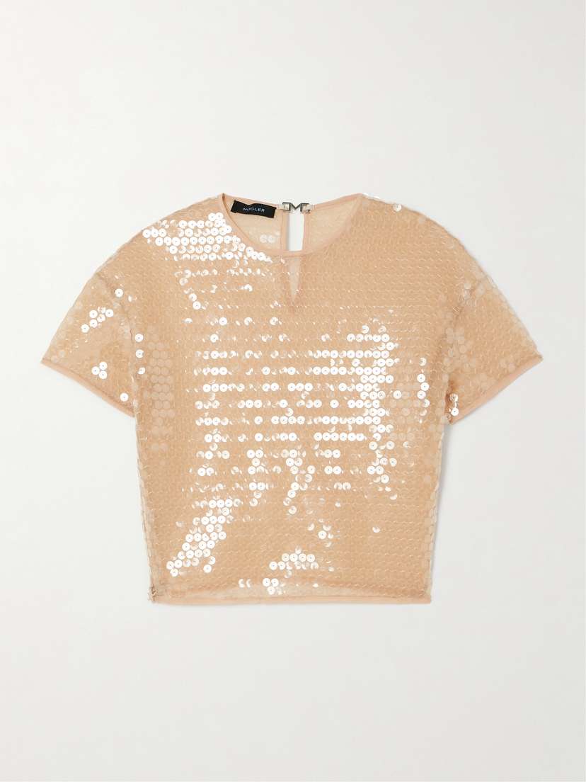 Mugler Cropped Sequined Stretch-tulle Top