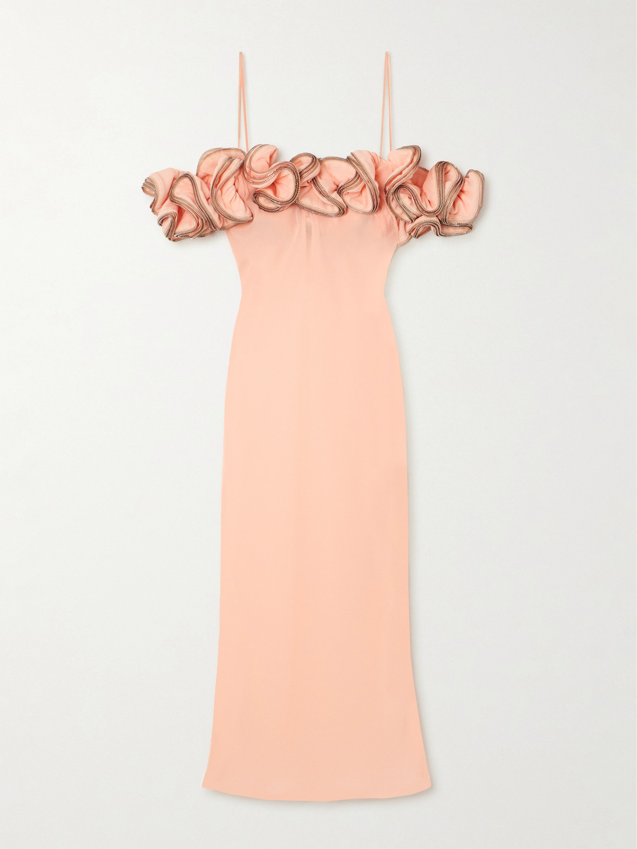 Coperni - Off-the-shoulder Zip-embellished Ruffled Chiffon Midi Dress - Peach