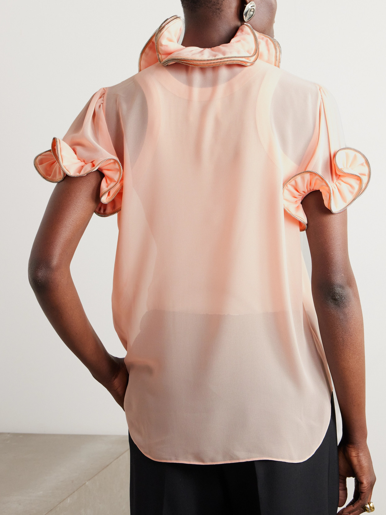Coperni Zip-embellished Ruffled Chiffon Blouse In Orange