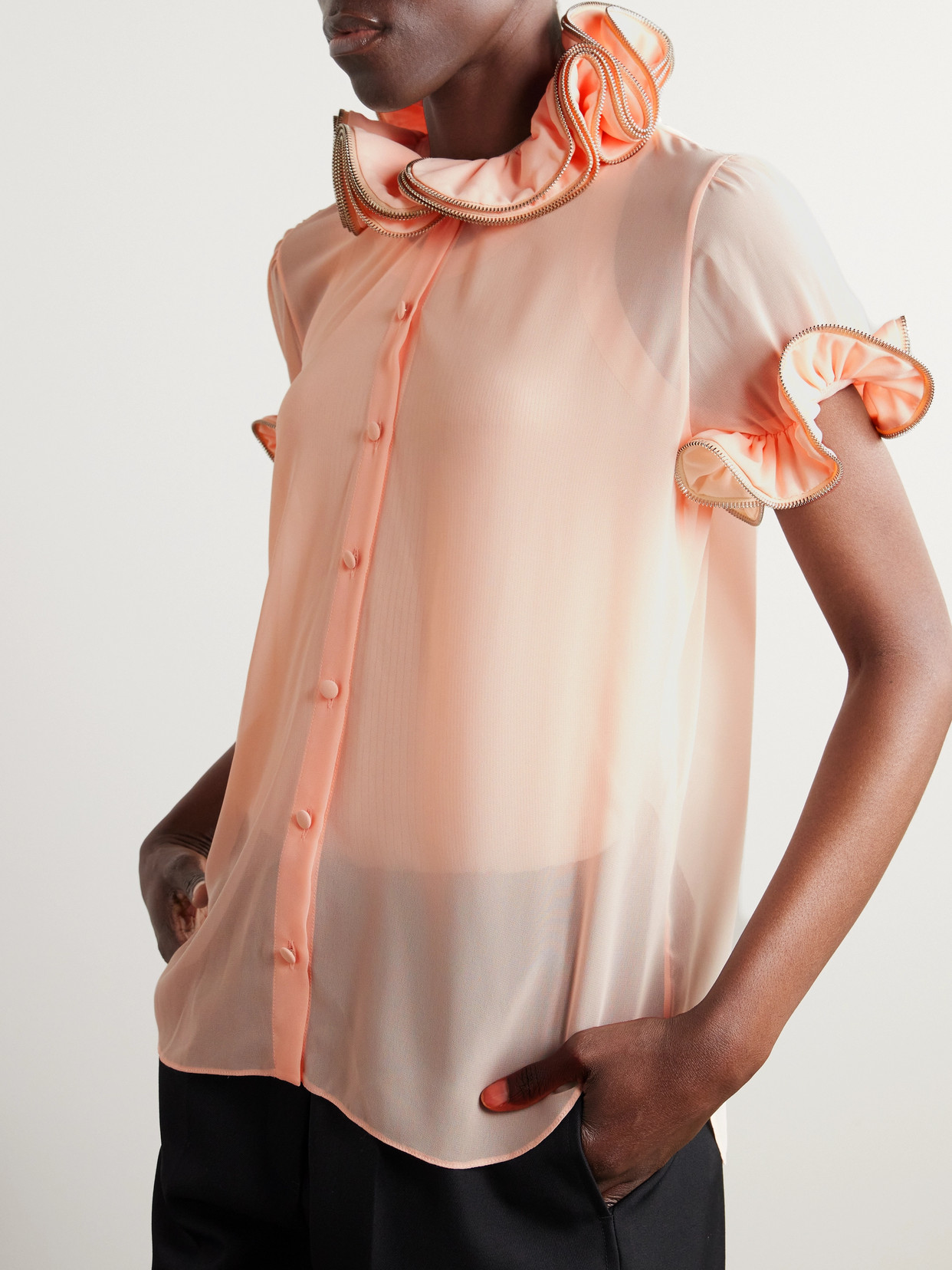 Coperni Zip-embellished Ruffled Chiffon Blouse In Orange