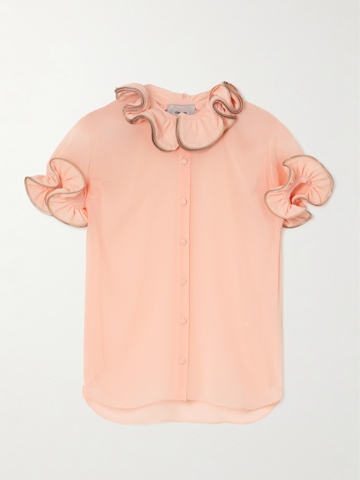 Coperni Zip-embellished Ruffled Chiffon Blouse In Orange