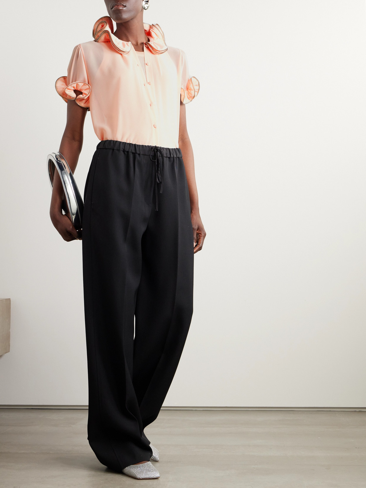 Coperni Zip-embellished Ruffled Chiffon Blouse In Orange