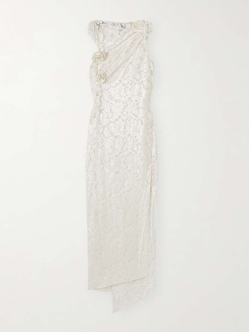 Coperni Asymmetric Draped Appliquéd Lace Gown