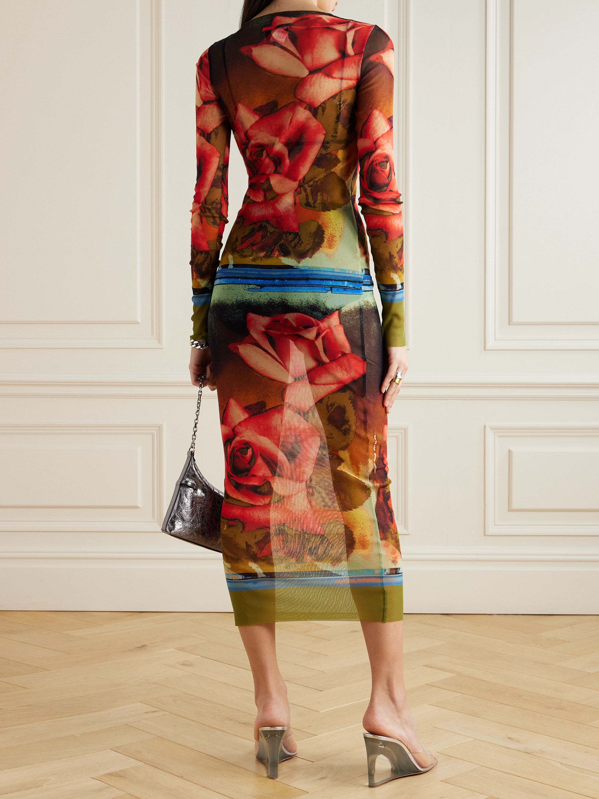 Jean Paul Gaultier Roses printed stretch-tulle midi dress