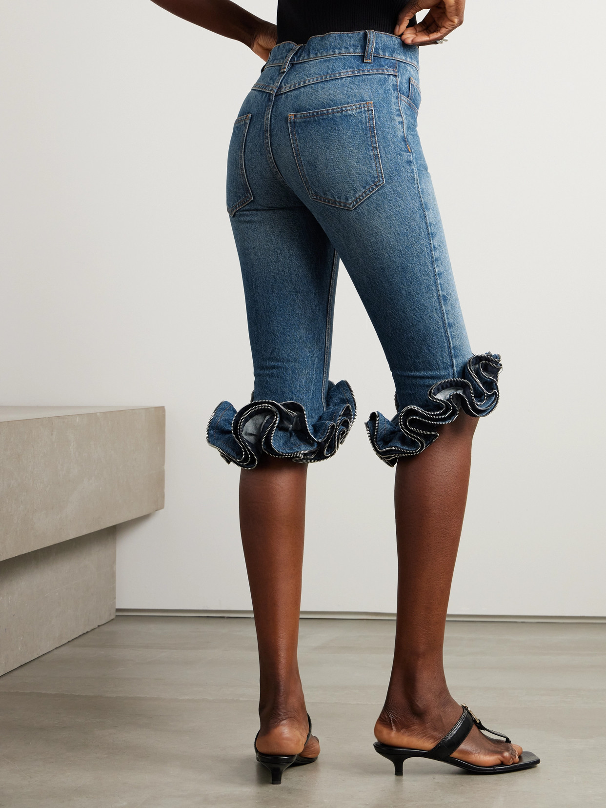Coperni Cropped Zip-embellished Ruffled High-rise Slim-leg Jeans In Blue