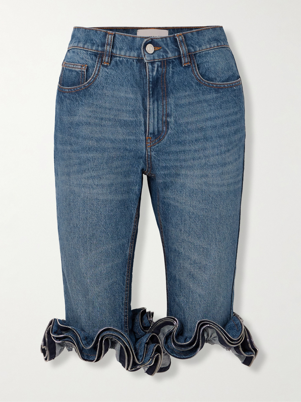 Coperni Cropped Zip-embellished Ruffled High-rise Slim-leg Jeans In Blue