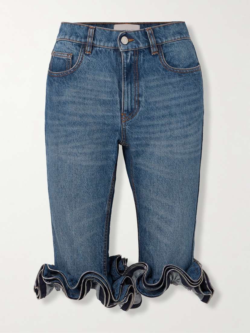 Coperni Cropped Zip-embellished Ruffled High-rise Slim-leg Jeans