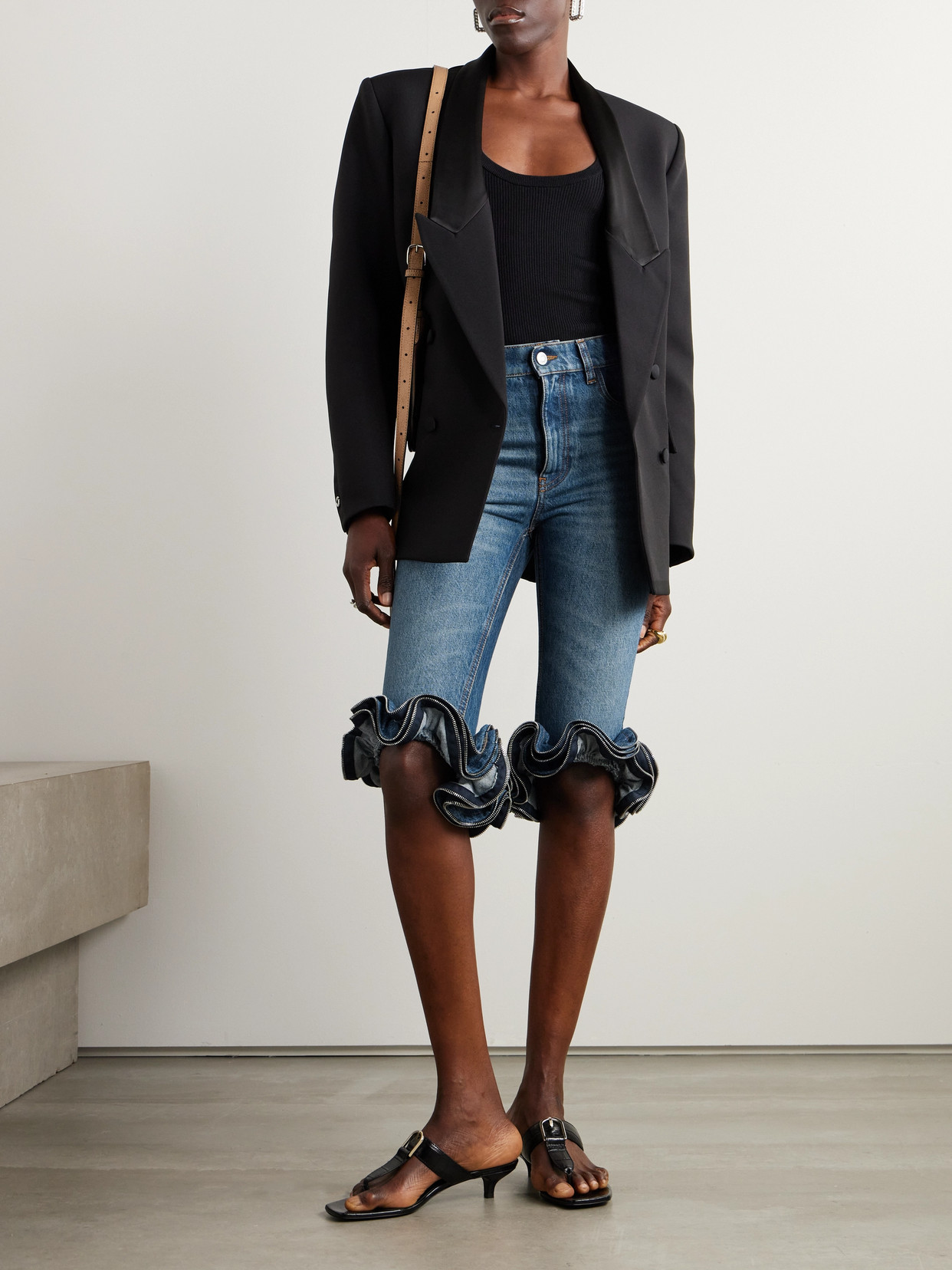 Coperni Cropped Zip-embellished Ruffled High-rise Slim-leg Jeans In Blue