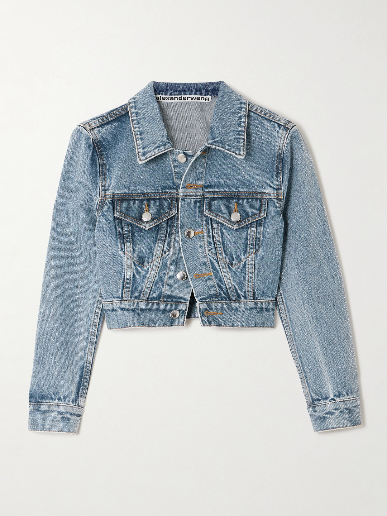 Alexander Wang Bead-embellished Cropped Denim Jacket In Blue