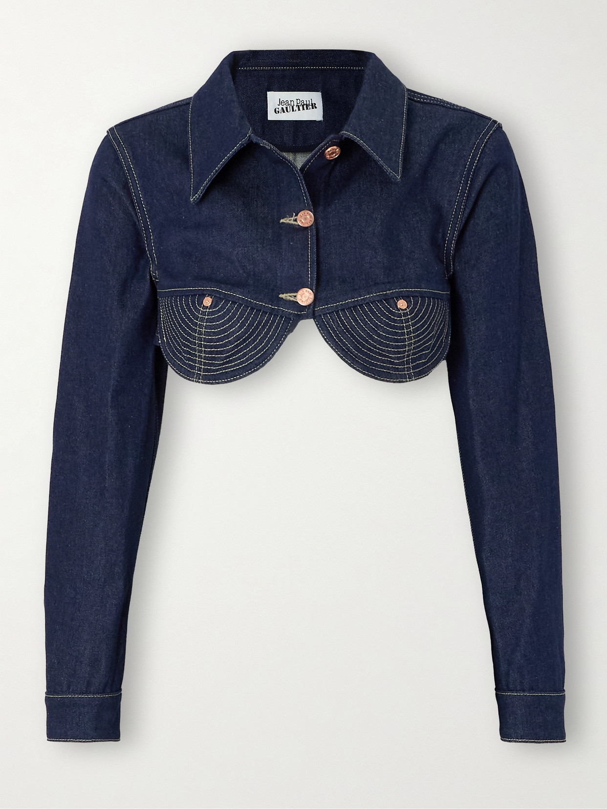 Shop Jean Paul Gaultier Cropped Embroidered Denim Jacket In Blue