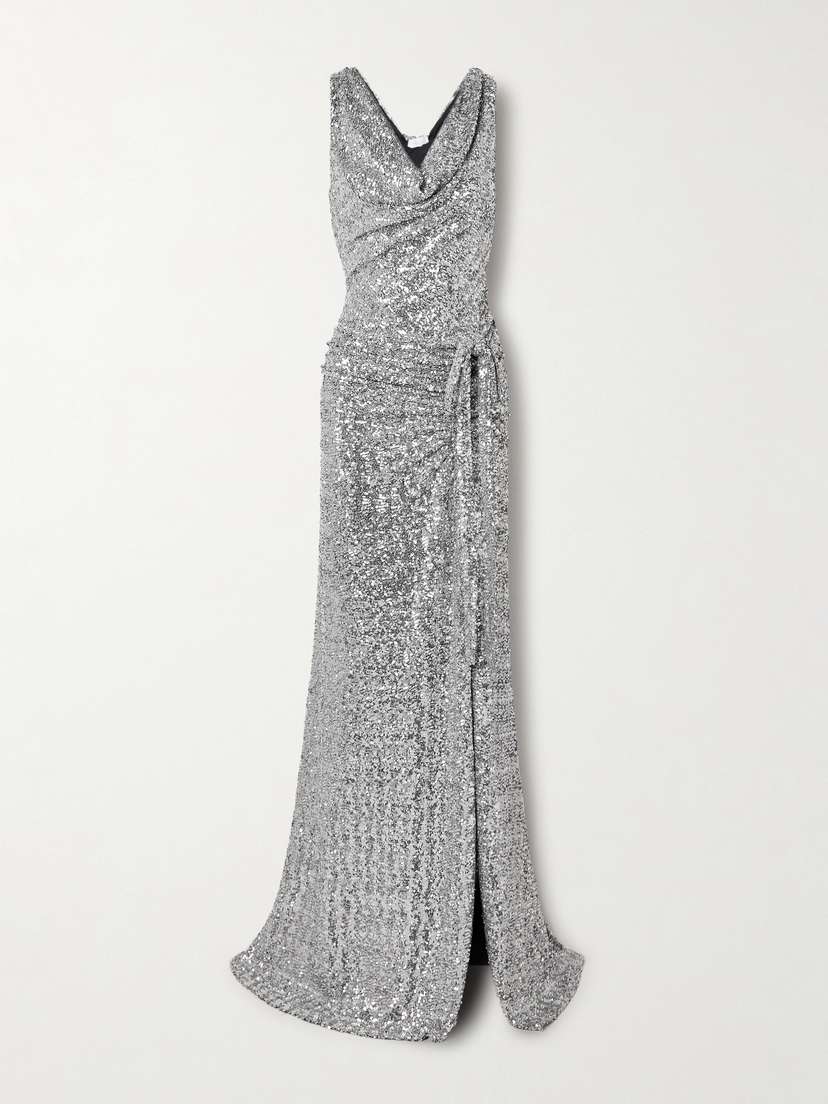 Rabanne Draped Gathered Sequined Satin Maxi Dress