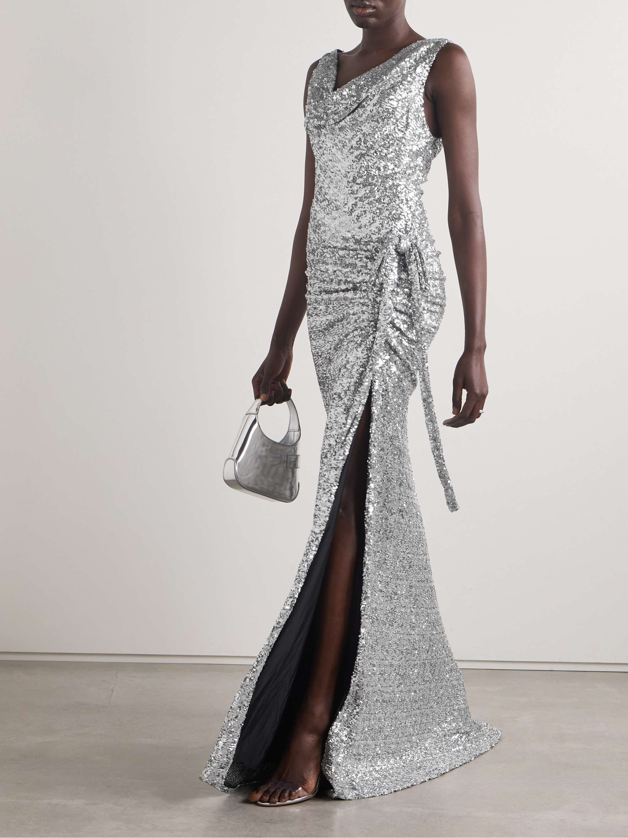 RABANNE Draped gathered sequined satin maxi dress NETAPORTER