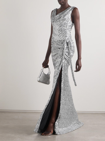 Rabanne Draped gathered sequined satin maxi dress
