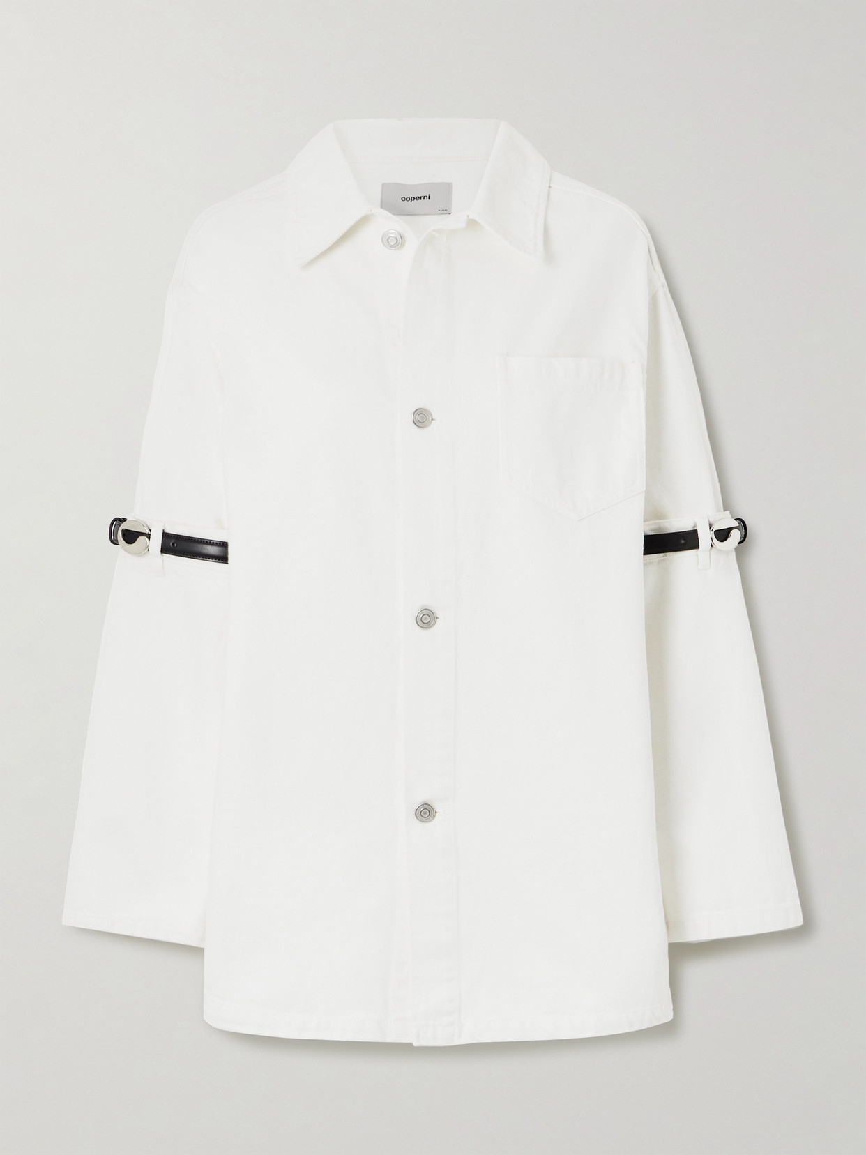 Coperni Oversized Leather-trimmed Paneled Denim Jacket In White