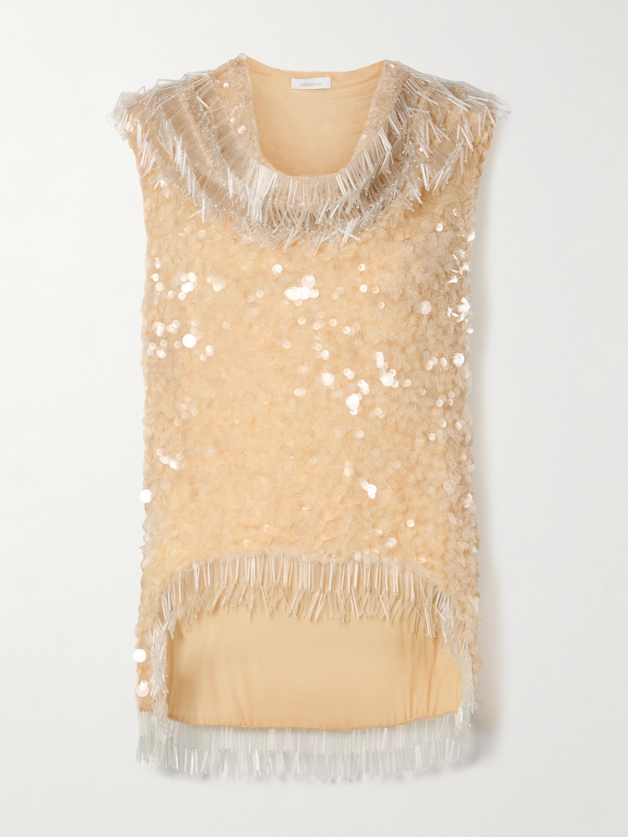Rabanne Fringed Embellished Tulle Top In Neutrals