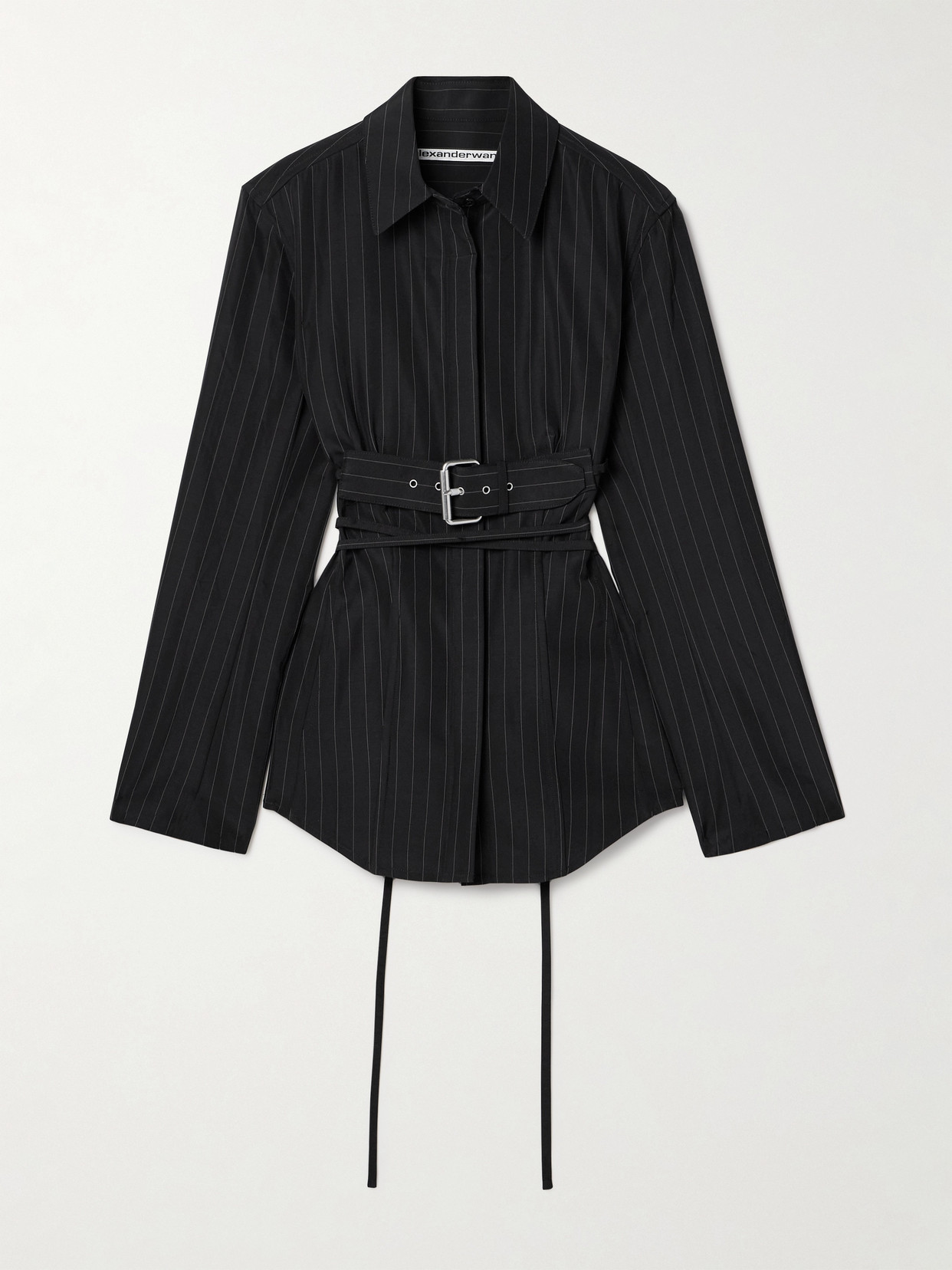 Shop Alexander Wang Belted Cutout Pinstriped Woven Shirt In Black