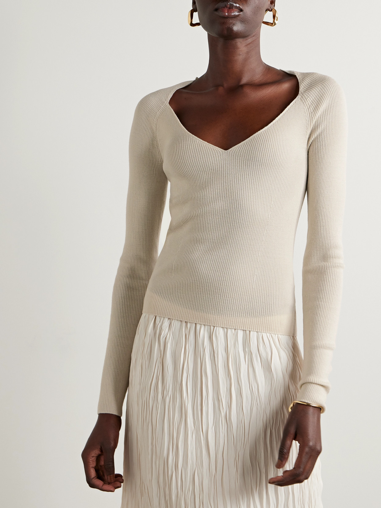 Shop Dries Van Noten Ribbed Merino Wool Sweater In Neutrals