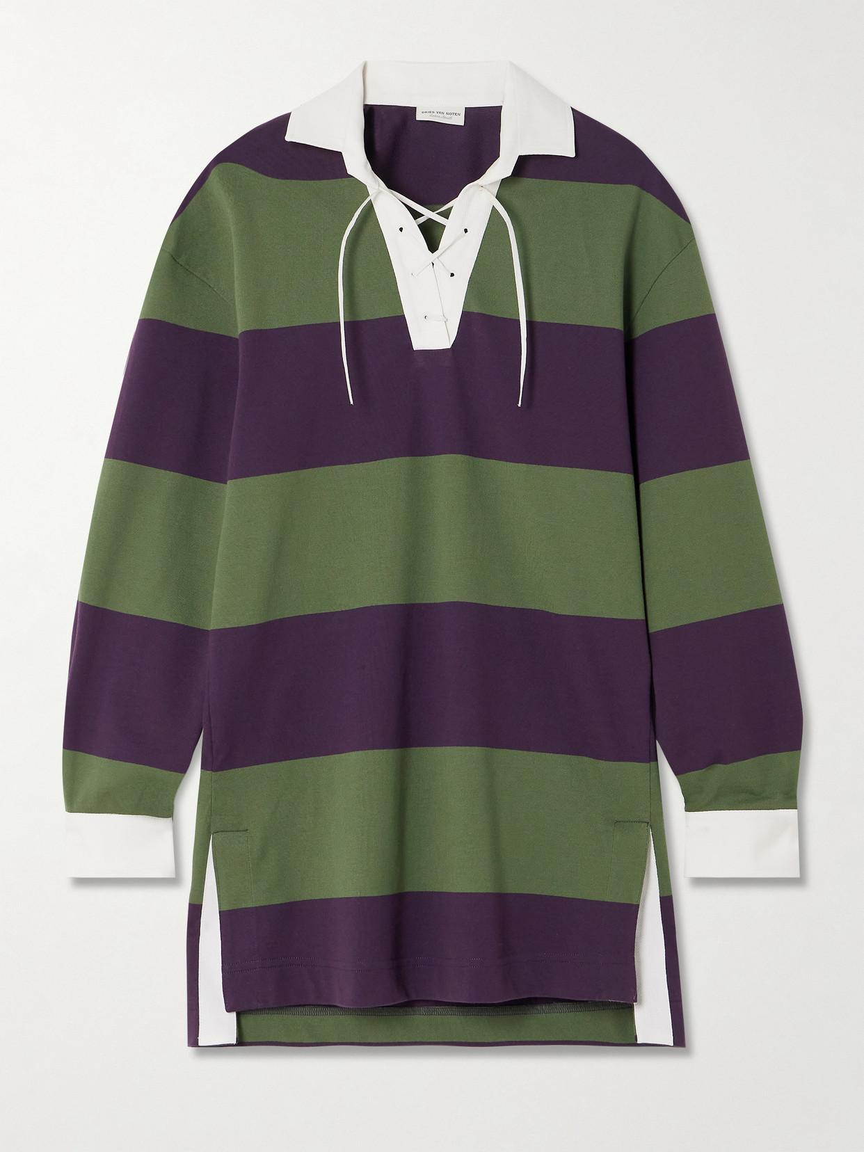 Shop Dries Van Noten Oversized Tie-detailed Striped Cotton-blend Jersey Polo Shirt In Purple