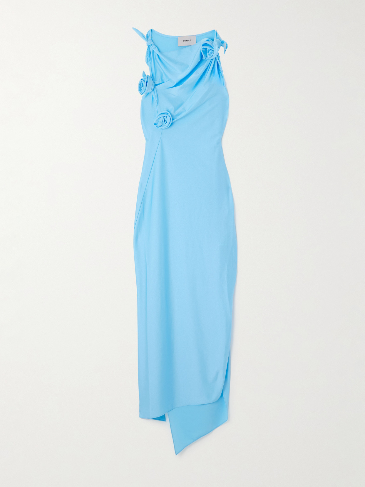 Coperni Floral-appliquéd Stretch-satin Gown In Blue