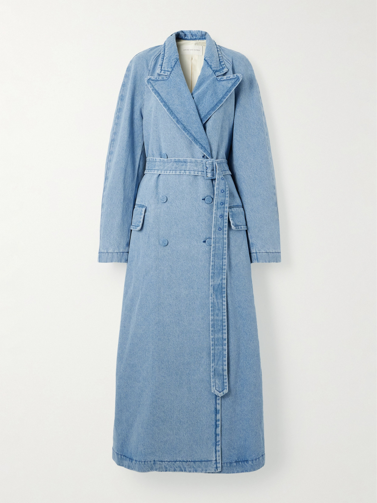 Shop Dries Van Noten Double-breasted Belted Denim Coat In Blue