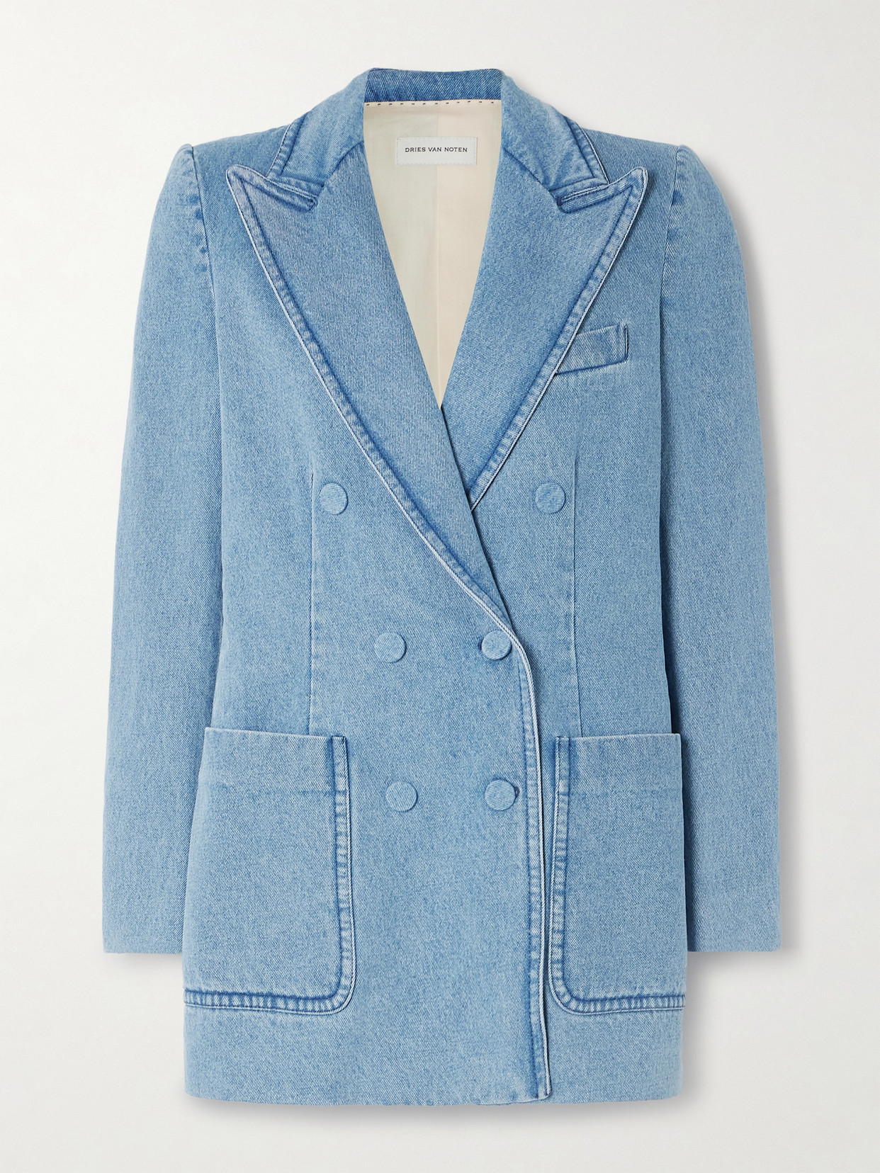 Dries Van Noten Womens Light Blue Padded-shoulder Peak-lapel Slim-fit Denim Blazer In Blue