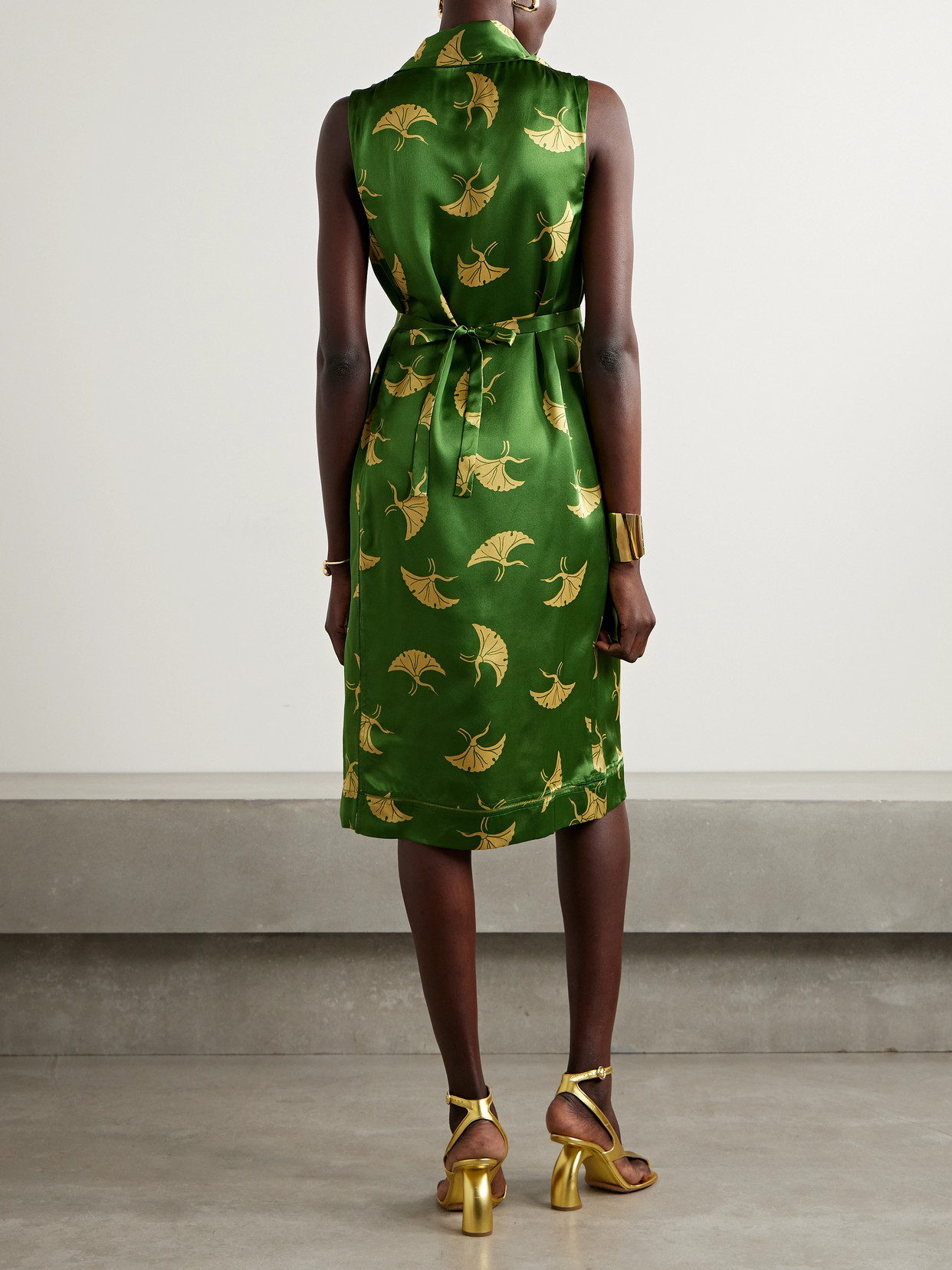 Shop Dries Van Noten Draped Belted Printed Silk-satin Midi Dress In Green