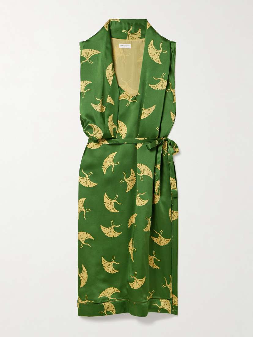 Dries Van Noten Draped Belted Printed Silk-satin Midi Dress
