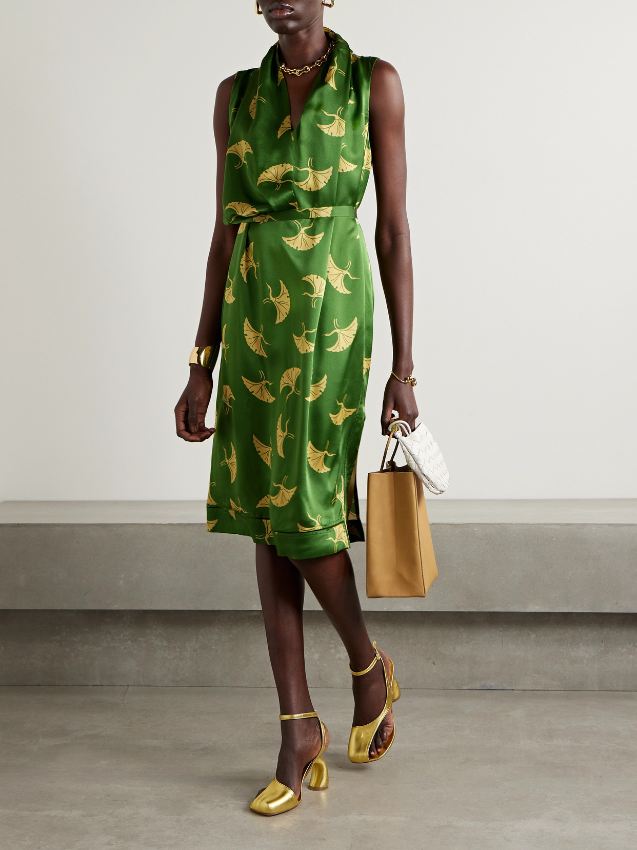 Shop Dries Van Noten Draped Belted Printed Silk-satin Midi Dress In Green