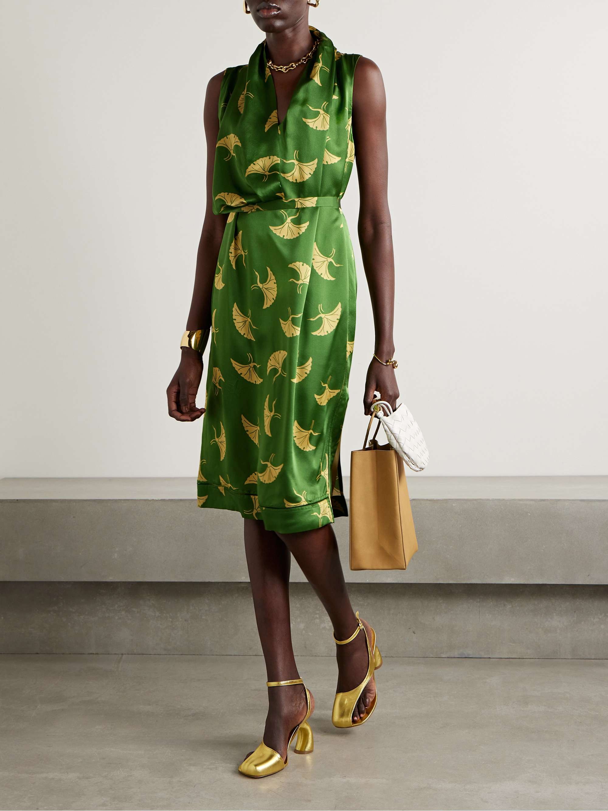 DRIES VAN NOTEN Draped belted printed silk-satin midi dress | NET 