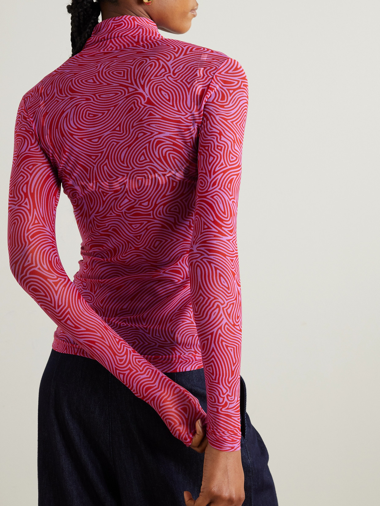 Dries Van Noten Printed Stretch-mesh Turtleneck Top In Red