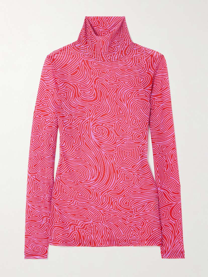 Dries Van Noten Printed Stretch-mesh Turtleneck Top