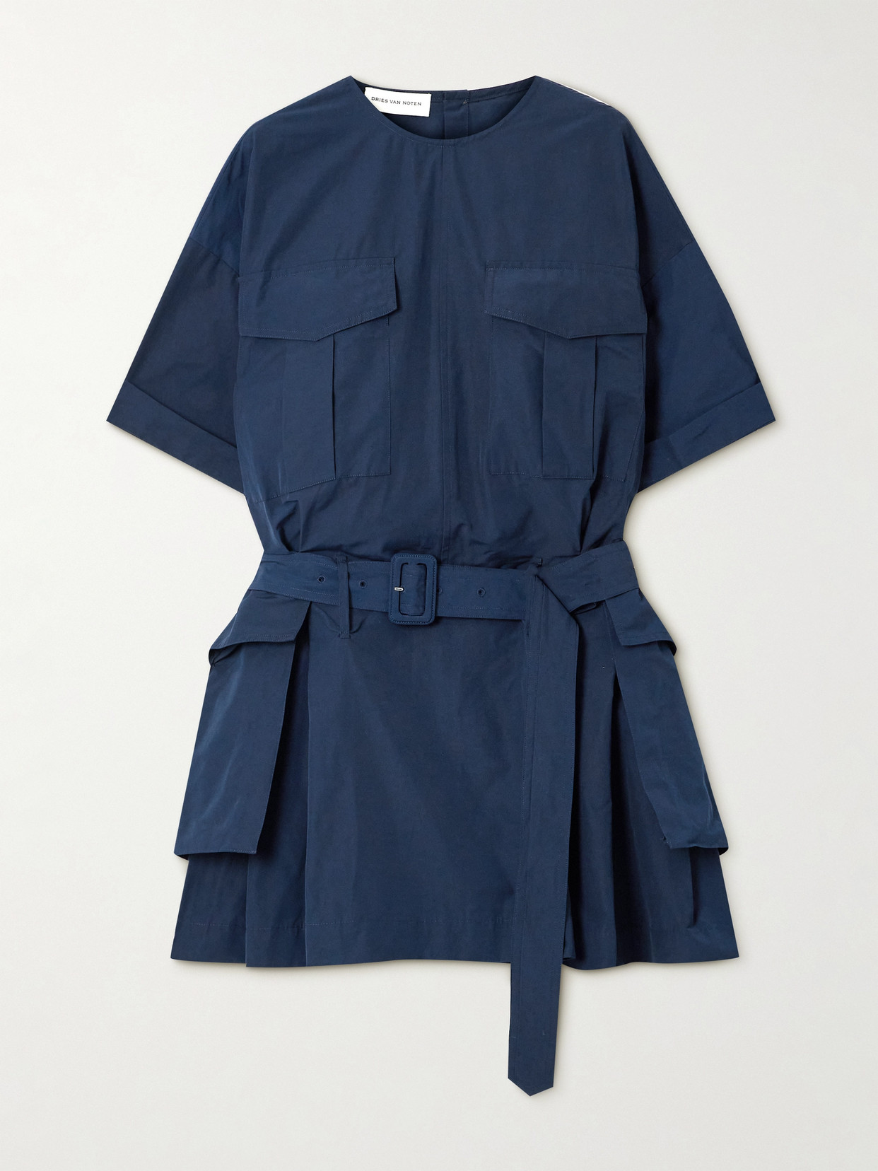 Dries Van Noten Dockets Short-sleeve Belted Pleated Mini Dress In Blue