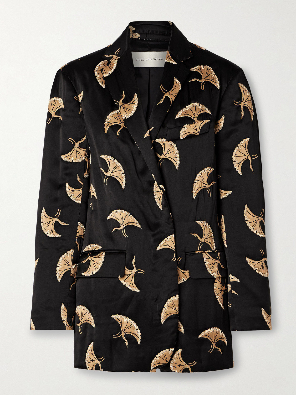 Shop Dries Van Noten Padded Embellished Printed Satin Blazer In Black