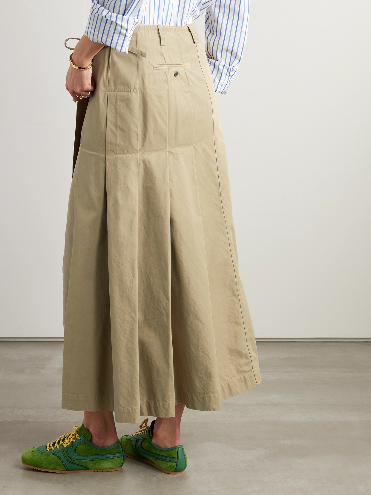 Shop Dries Van Noten Pleated Cotton-twill Maxi Wrap Skirt In Neutrals