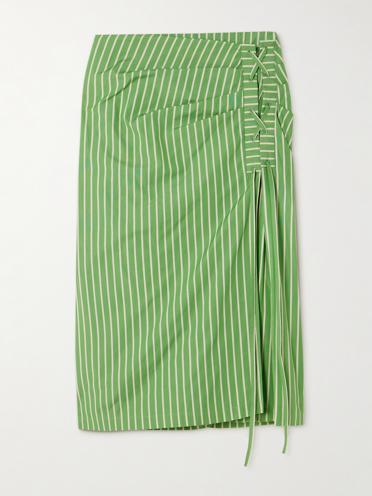 Dries Van Noten Tie-detailed Striped Cotton Midi Skirt In Green