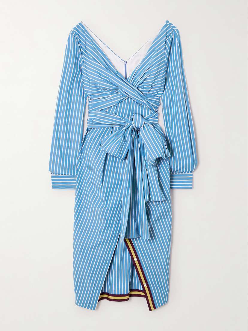 Dries Van Noten Twist-front Belted Grosgrain-trimmed Striped Cotton-poplin Dress