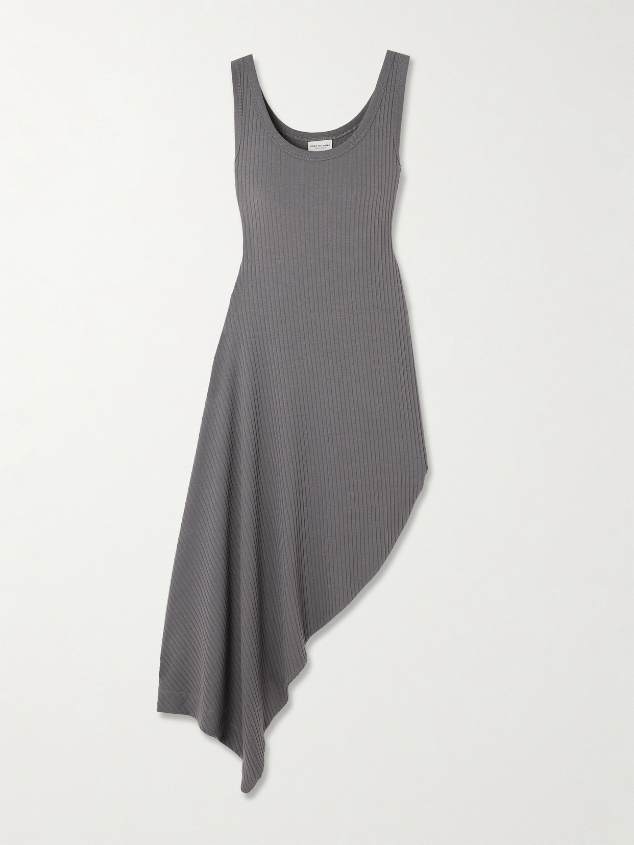 Dries Van Noten Asymmetric Draped Ribbed Jersey Midi Dress In Gray